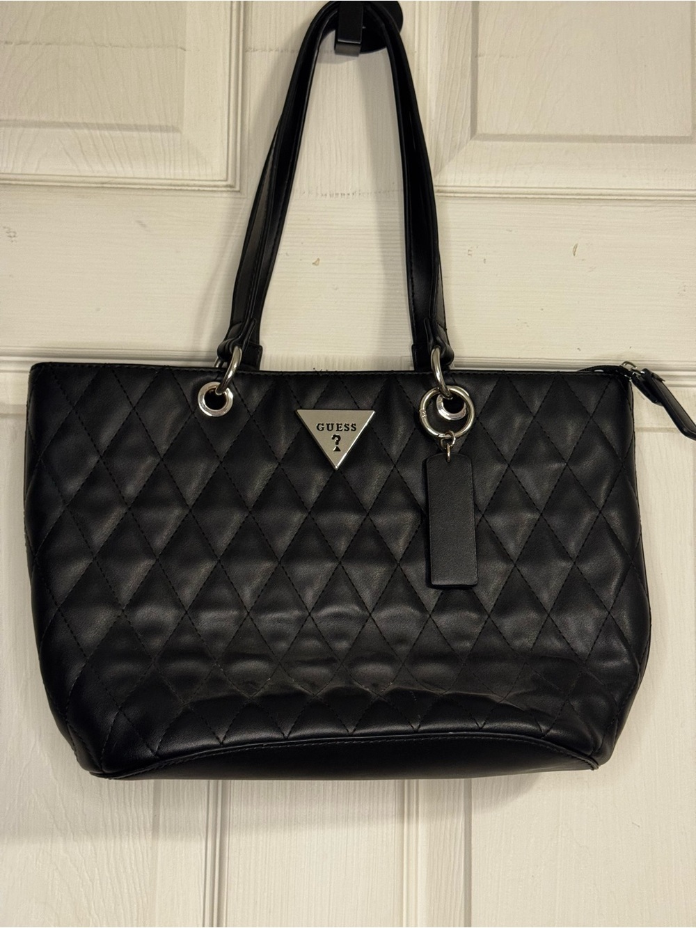 GUESS Black Quilted Tote Bag Faux Leather Shoulder Purse Silver Hardware